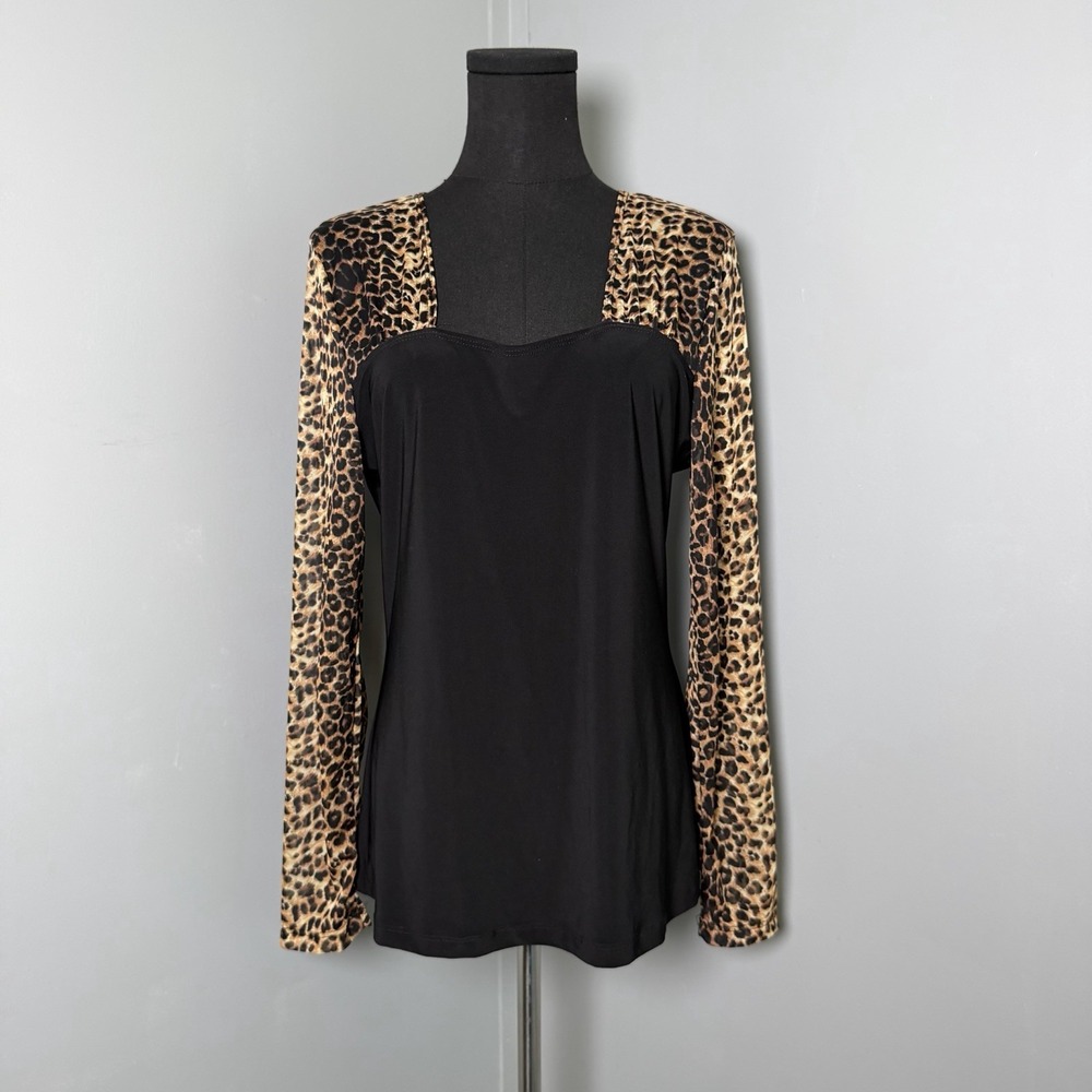 Vintage Suzie in the City Sheer Mesh Leopard Sleeve Blouse Shirt Sz L Mob Wife